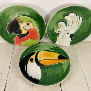 Pottery Barn PARROT PLATE 7" Plates Set of 3, Green with Colorful Tropical Bird Parrot Toucan Cockatoo, Wall Plates, Used/Crazing