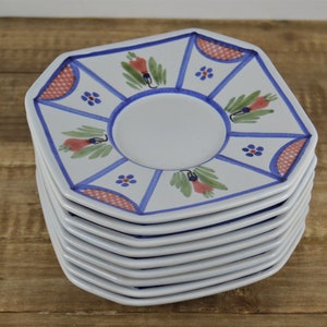 Set of 6 HB Henriot Quimper MISTRAL BLUE 5.5&quot; Saucers, Octagonal Lattice Corner, Light Blue, Hand Painted, Saucers Only
