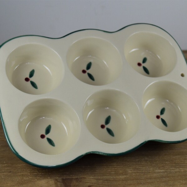 Hartstone BERRIES Muffin Pan, 6 Muffins, 10 3/8", Green Trim, Red Berry Green Leaves, Heavy Stoneware