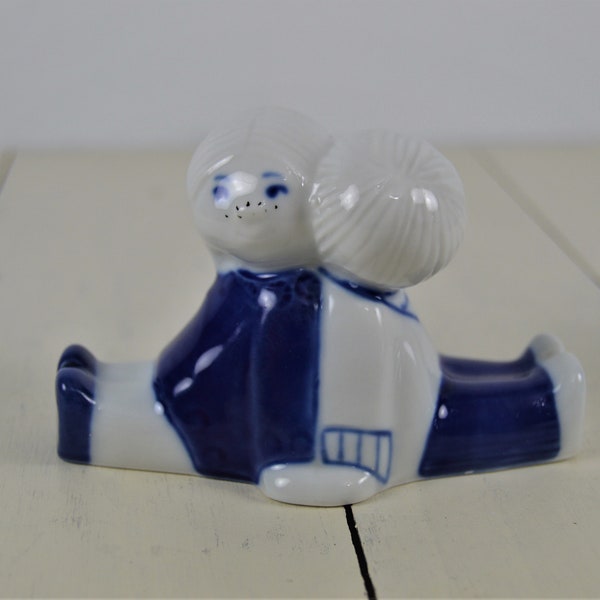 Porsgrund Norway Girl and Boy Figurine, 2.5", Back to Back Sitting, Anchor PP Logo, Made in Norway, White Cobalt Blue