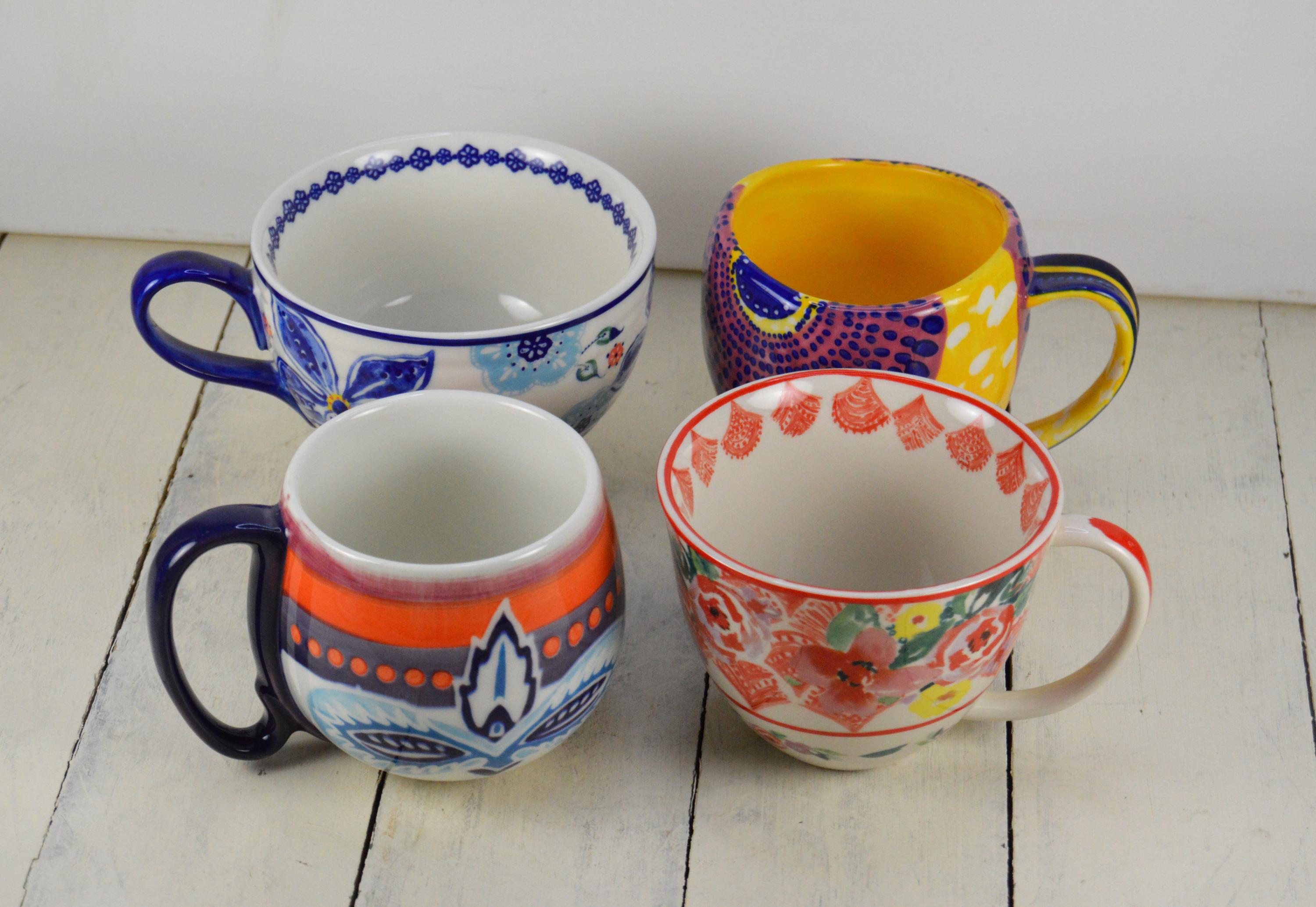 Set of 4 Anthropologie Mugs, Mismatch, 4 Different Designs Patterns Sizes,  Colorful Floral Whimsical Happy, Assorted Sizes - Etsy, image size:3000x2067