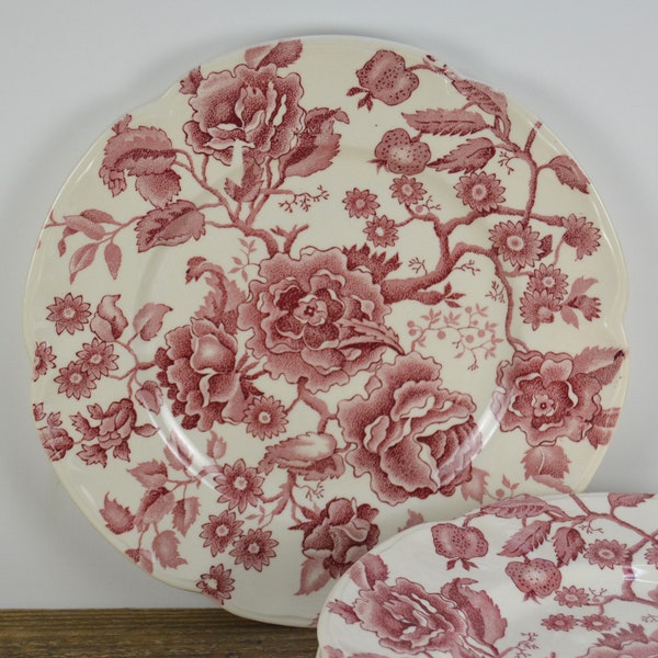 Set of 8 Johnson Brothers ENGLISH CHIPPENDALE 9 7/8" Dinner Plates, Pink Red Transferware Floral Design, Scalloped Rim, England Crown Stamp