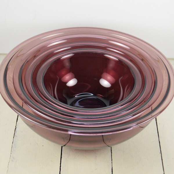 4 Pc Pyrex CRANBERRY Nesting Bowl Set, Mixing Bowls, Pink Glass, 322 323 325 326, Used/See Notes