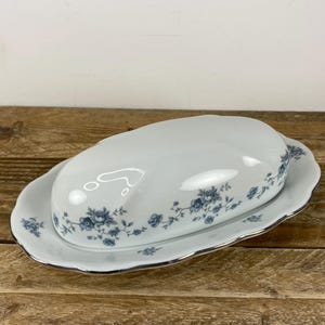 Johann Haviland BLUE GARLAND Covered Butter Dish, Thailand Traditions, Fine China, White with Silver Trim Blue Flowers