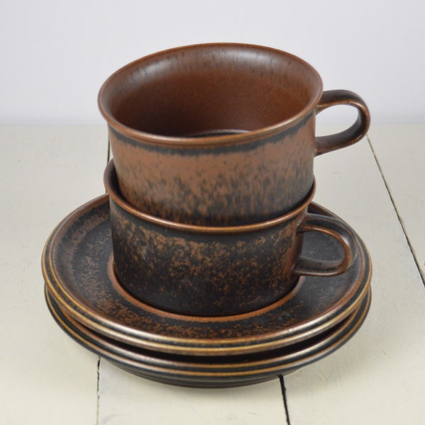 Set of 2 Arabia of Finland RUSKA Flat Cup and Saucers, 9 oz Cup, Brown Dark Brown Mottled Stoneware, Soup Mug