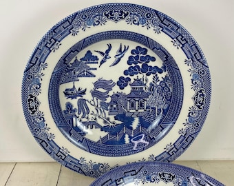 2 Pcs Churchill BLUE WILLOW Bowls, 1) 11" Rim Pasta Serving, 1) 8.75" Soup Pasta Salad, Smooth Edge Georgian Shape, Blue Asian Scene