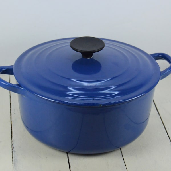 Le Creuset "D" Cast Iron Dutch Oven 3 Quart, Solid Blue Beige Inside, Black Handle, Small Pot with Handles, Made in France