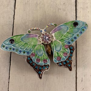 CIEL Enameled BUTTERFLY Trinket Box 4", Green with Pink and Blue, Bejeweled with Swarovski Crystals? Blue Pink Green Teal Red, Hinged Wings