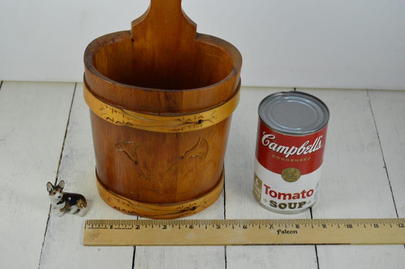 Folk Art Hanging Wood Box 10.75, Salt Box Wall Pocket, Spice Box