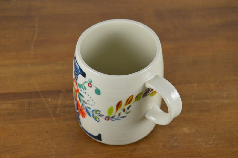 Anthropologie Starla M. Halfmann 12 oz Initial L Mug, White with Colorful Graphic Flowers Blue Initial L, Monogram image 3