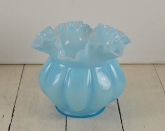 Fenton Blue Ruffled Overlay Melon Vase - Light Blue - Collectible