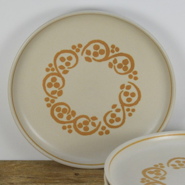Set of 5 Denby-Langley ENGLISH BROWN 8.25" Salad Plates, Beige with Gold Swirls Dots, Authentic English Stoneware, Brown Mustard, Ram Stamp