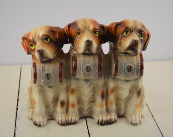 Vintage Saint Bernard Three Slot Bank, Coin Bank, Piggy Bank, 3 Dogs, Made in Japan, 4.75", Ceramic