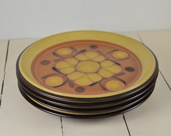 Set of 6 Noritake SAFARI 8&quot; Salad Plates, Noritake Folkstone 8501, Japan, Dark Brown Tan Rust Yellow Flower Center, Used