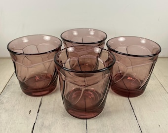 Set of 4 Noritake SWEET SWIRL CRANBERRY 12 oz Double Old-Fashioned Glasses 4", Heavy Pressed Glass, Barware Bar Cart