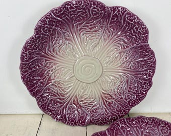 Set of 2 Creative Co-Op CABBAGE PURPLE 8 3/8" Salad Plates, Textured Figural Cabbage Lettuce Plate, Heavy Stoneware, Purple and Beige-Gray