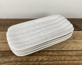 Set of 4 Bordallo Pinheiro Caldas da Rainha ASPARAGUS 8 5/8" Individual Plates, All White Asparagus Spear Shape, Rectangular Dish, Portugal