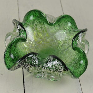 Murano Emerald Green Gold and Silver Fleck Glass Bowl 5.5", Venetian Art Glass, Unmarked
