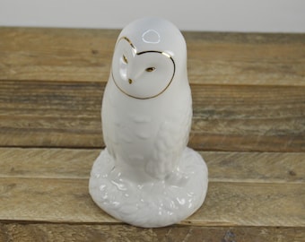 Anthropologie OWL 6.25" Bud Vase, White Owl with Gold Face Trim, Back Opening