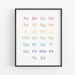 Gráfico do alfabeto arco-íris para quarto de criança, berçário ou sala de jogos - download digital para impressão, pôster ABC colorido, maiúsculas, minúsculas