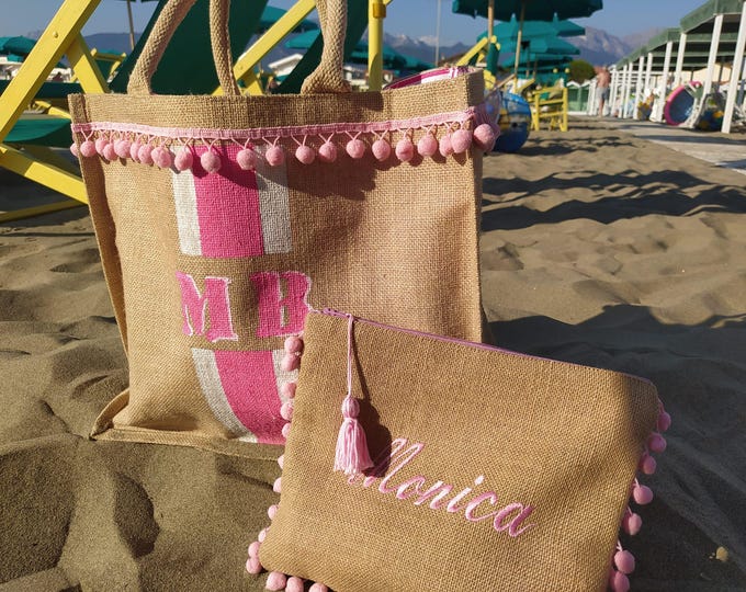 Personalized jute bag hand painted with initials, beach bag