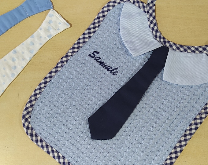 Personalized bib with interchangeable tie in three colors