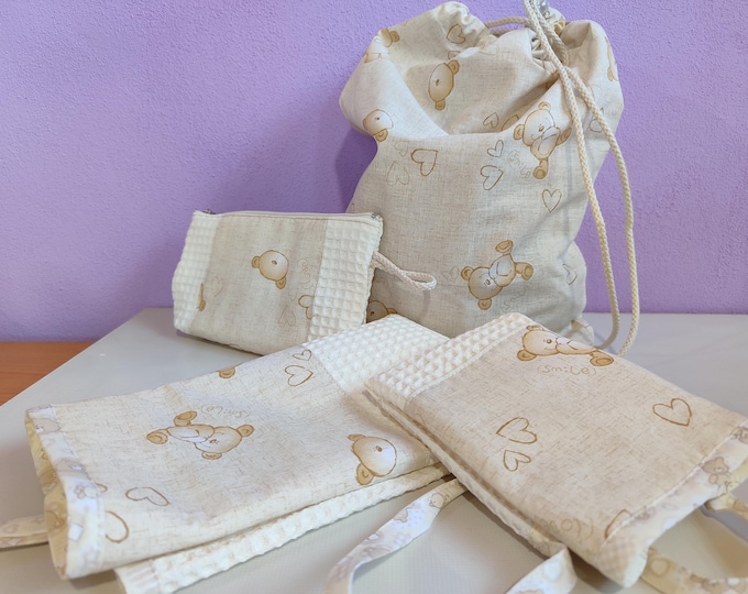 Handmade Birth Set - Children's Set - Neutral Unisex Birth Bag - Bibs and Towel - Pacifier Case