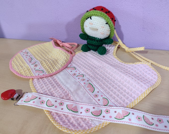 Baby Coordinated Set - Bib and Pacifier Holder with Crochet Doll - Newborn Gift