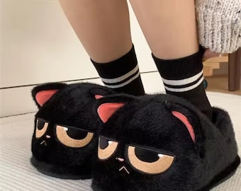 Unhappy Cat Slippers | Funny Cat Plush Shoes | Cute Grumpy Cat Slippers | Cozy Furry House Shoes | Winter Indoor Slippers Gift
