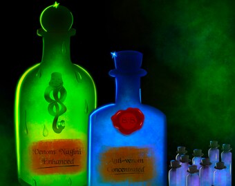 Nagini's Enhanced Venom with Anti-Venmon Vials Brewed by Severus Snape -- Potion Bottle Wall Art -- Instant Digital Download