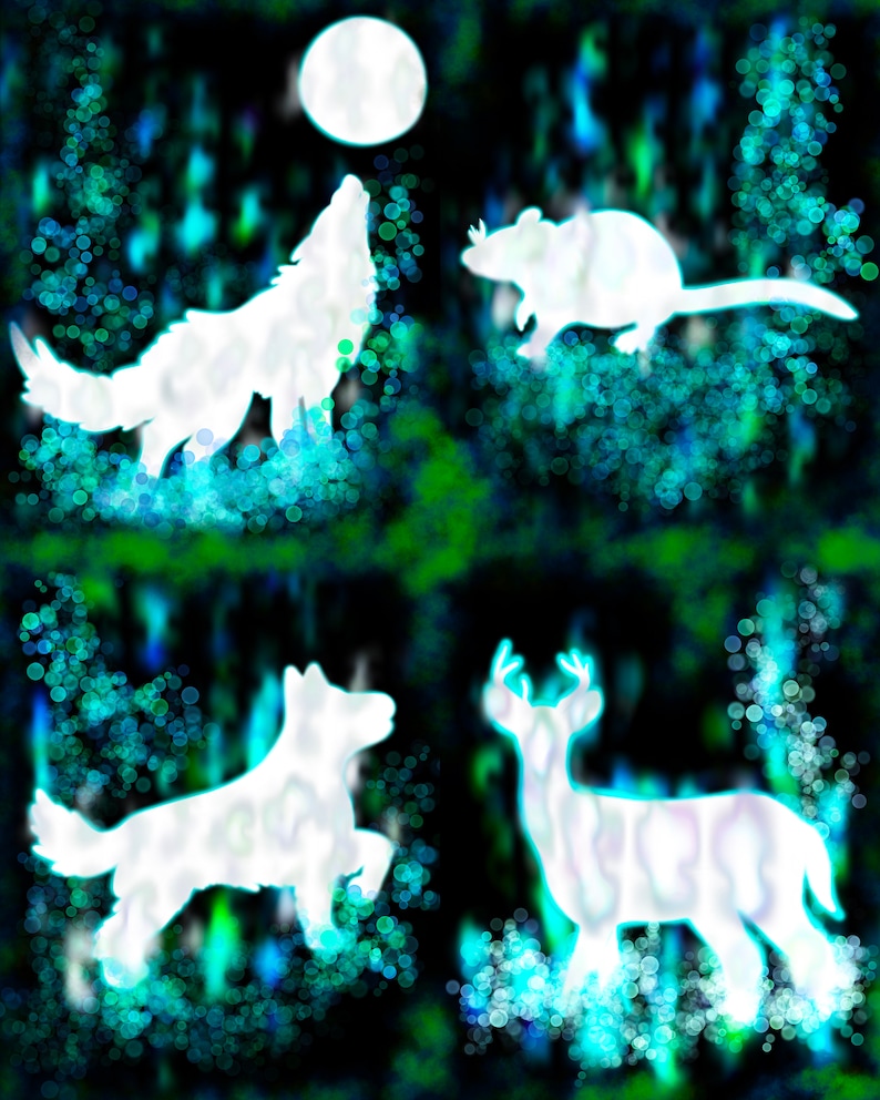 May include: A digital illustration of four white animals silhouetted against a dark background with blue and green bokeh. The animals are a wolf howling at the moon, a rat, a dog, and a deer.