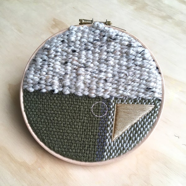 Unique Woven Wall Hanging, Green Textile Wall Art Tapestry, with Gold Geometric Embroidery, Round 6-inch Fibre Hoop Design