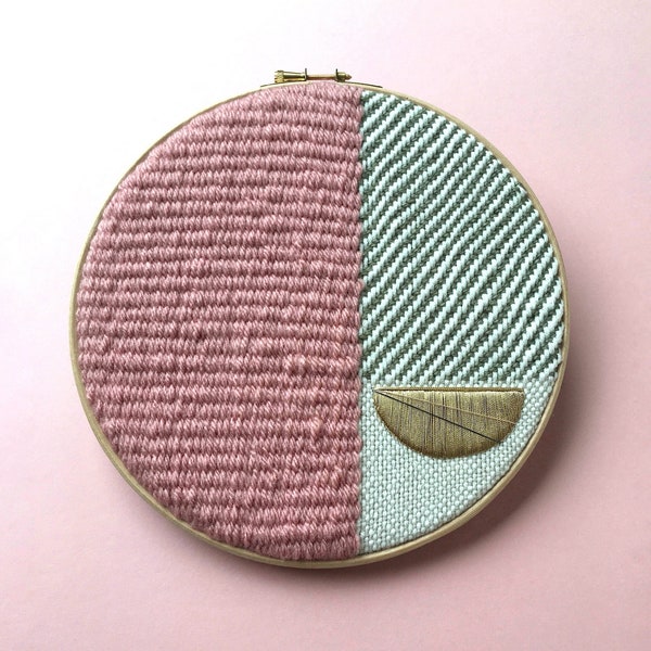 Large 9” Woven Wall Hanging, Pink & Green Tapestry with Gold Geometric Embroidery, Minimalist Fibre Art