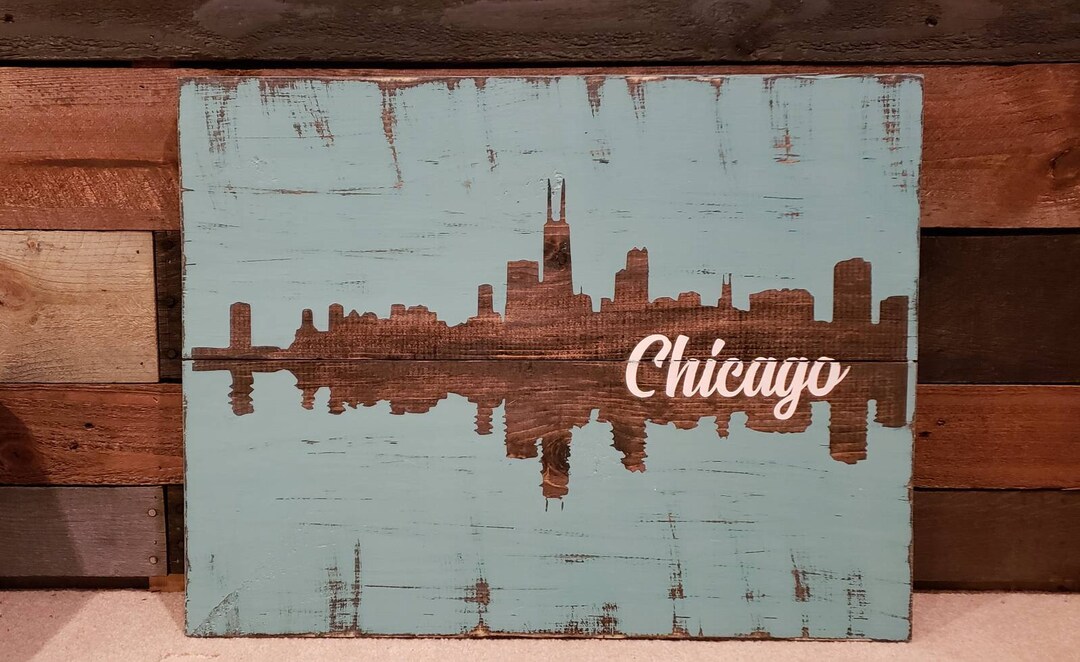 Rustic Chicago Skyline Reflection Handmade Sign 24x18 Inches - Etsy