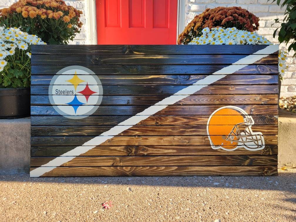 Handmade Wooden Pittsburgh Steelers Cleveland Browns House Divided Sports Flag *FREE PRIORITY SHIPPING*