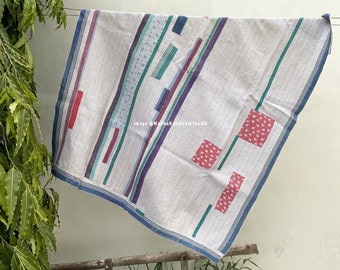 Antique Vintage Kantha Quilt Handstitched Quilt Indian Ralli Quilt White Reversible Kantha Throw Boho Cotton Quilt Handmade Kantha Bedspread