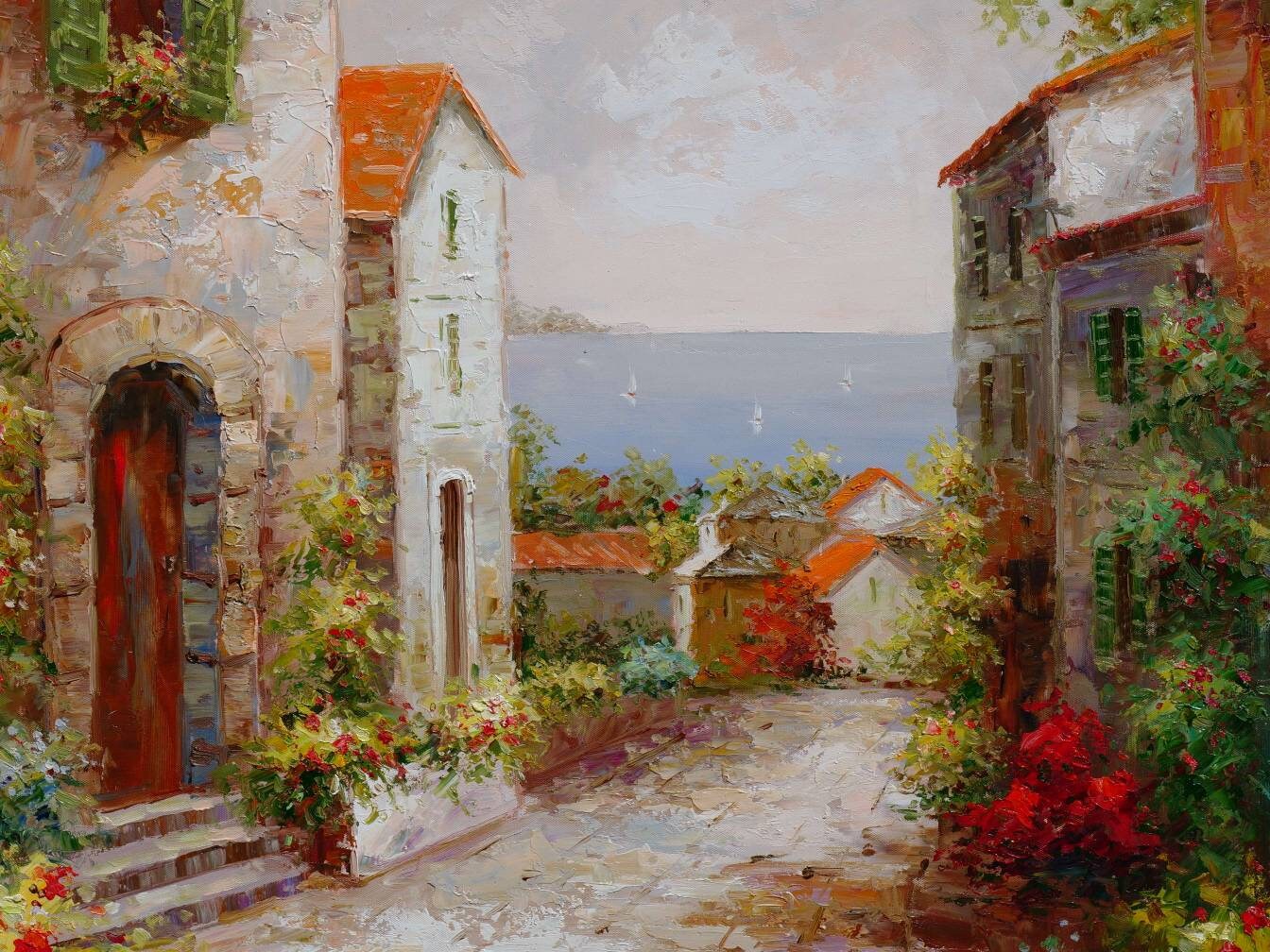 Italian Tuscan Art Mediterranean Painting Village Style Oil on Canvas