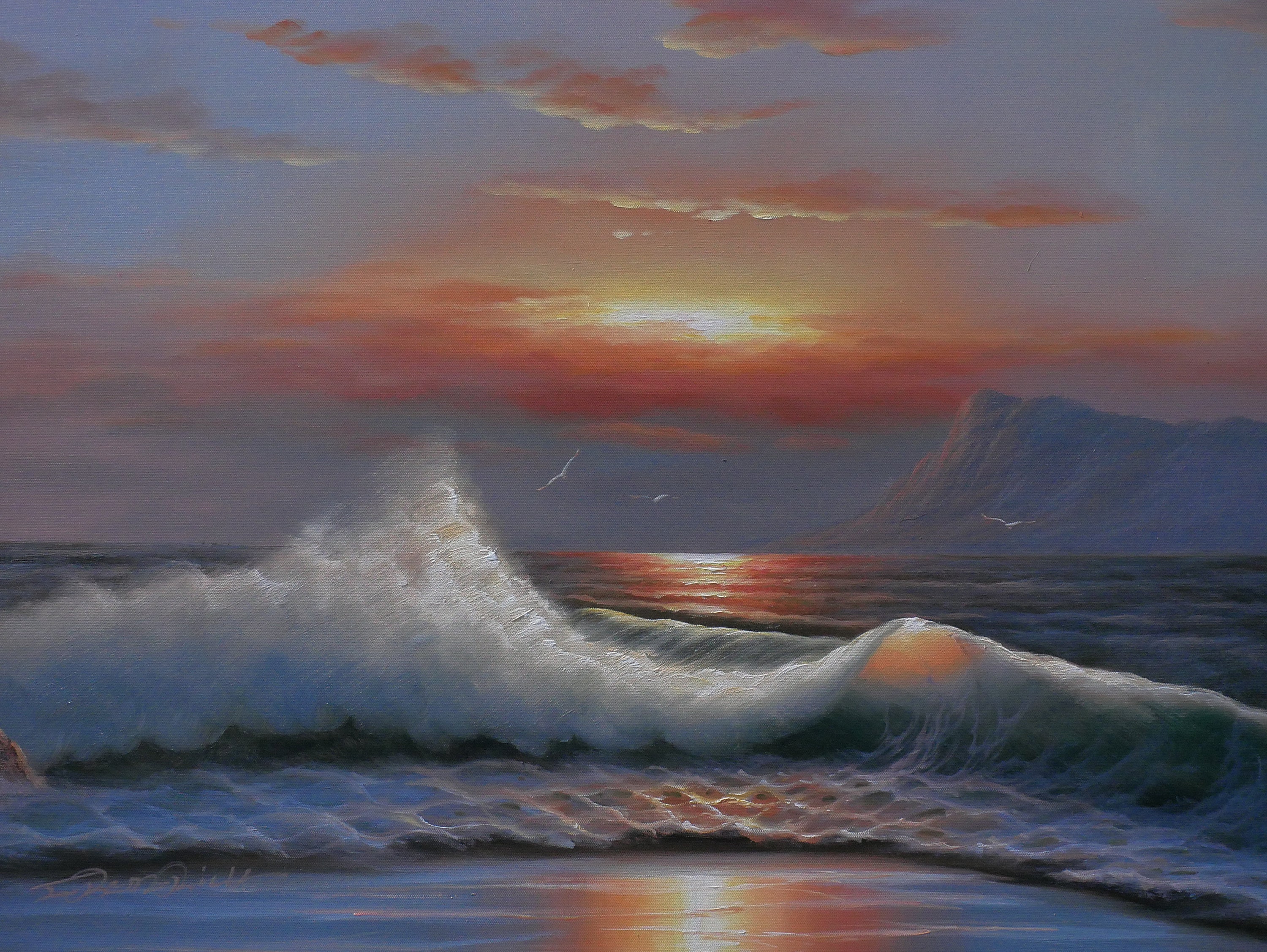 Sunset Ocean Art Sunlit Wave Painting GreyBlue Sky Oil on Canvas Wall