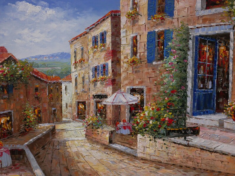 Italian Tuscan Art Mediterranean Painting Village Style Oil on Canvas Wall Art Beautiful Decor