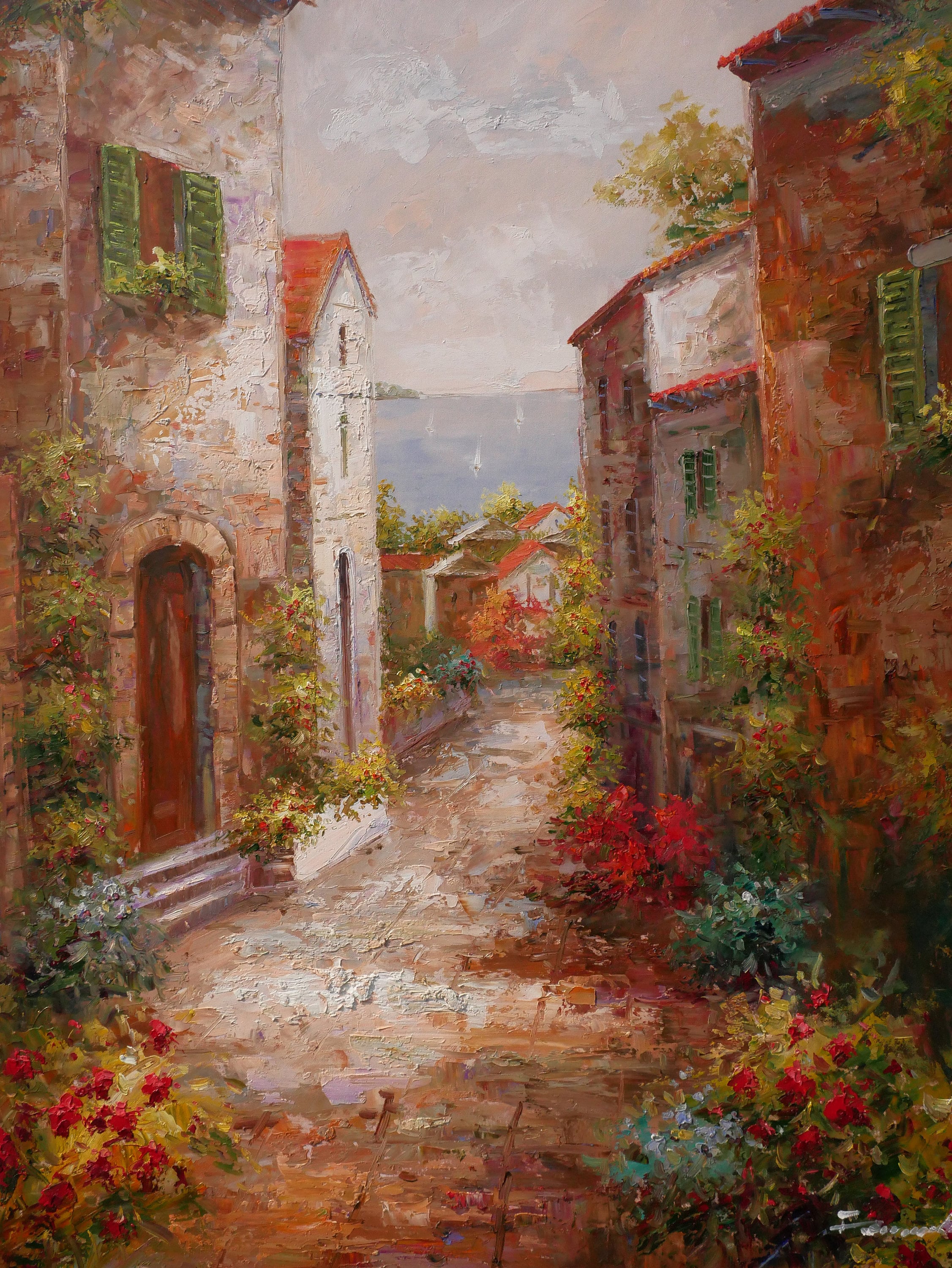 Italian Tuscan Art Mediterranean Painting Village Style Oil on Canvas