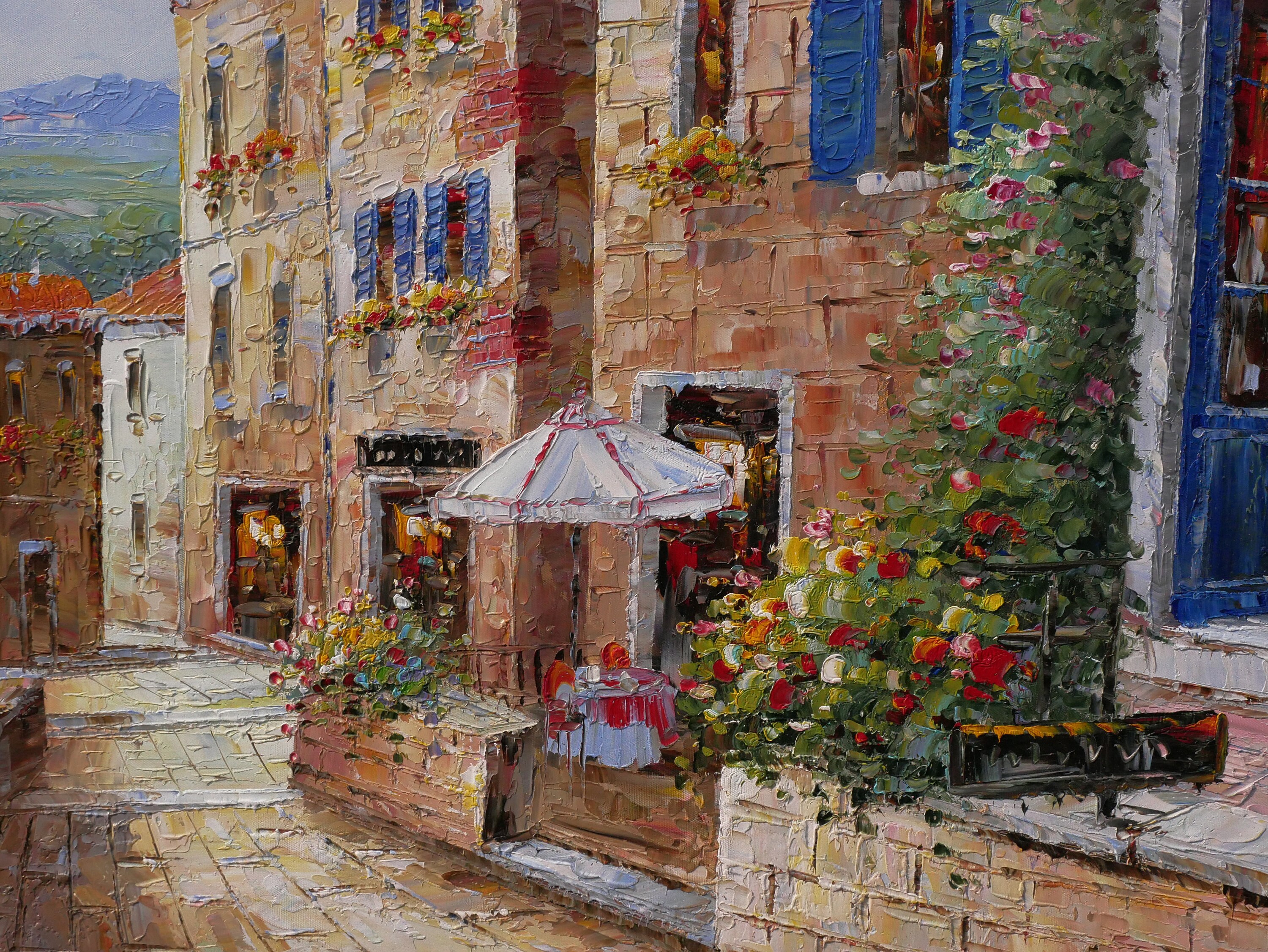 Italian Tuscan Art Mediterranean Painting Village Style Oil on Canvas