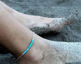 Tobillera turquesa para mujer, tobillera de oro o plata con código Morse personalizado para palabra, nombre o iniciales en piedras de nacimiento auténticas.