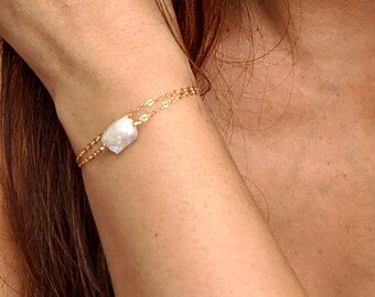Raw Rainbow Moonstone bracelet: Women genuine healing crystal bracelets for emotional balance, intuition, calm