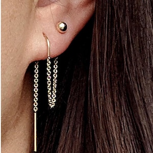 Threader stud earrings Gold threader earrings Sterling silver dot ball post Double piercing set Two hole connected chain ear thread for lobe