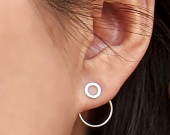 Circle earrings Circle studs earrings & ear jacket Chain threader ear jacket earring Tiny sterling silver stud earrings Front back earrings