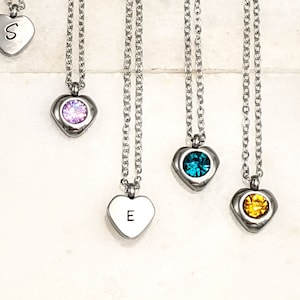 Little heart necklace Stainless steel initial necklace with birthstone Pendant or Lariat Personalized 16th-40th birthday gifts Women/girls