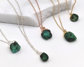 S-M Raw emerald necklace, Gold or Silver Genuine emerald-pendant for Creativity, Calming, Emotional-Balance, May-birthstone-necklace