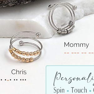 Personalized Fidget Ring, Morse Code Custom Name-Ring, Bead Spinners Initial-Ring, Spiral Anxiety Rings
