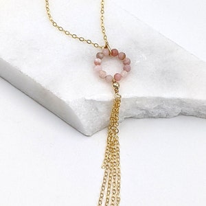 Silver-Rose-Gold tassel necklace Pink opal necklace Short/Long Y necklace Crystal gemstone lariat necklace Heart chakra necklace Sister gift