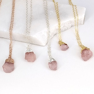 Raw rose quartz necklace Small rose quartz pendant Raw pink quartz necklace Raw gemstone necklace Raw crystal necklace 5th anniversary gift image 1